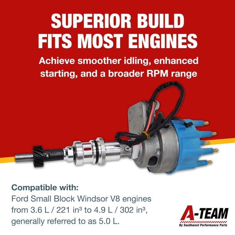 A-Team Performance Ready to Run Distributor - Blue Cap, 5.0 HO Small Block Windsor V8-2-Wire Setup & Distributor Cap Rotor Kit - Compatible with Ford Windsor V8 (221,260,289,302) - Image 2